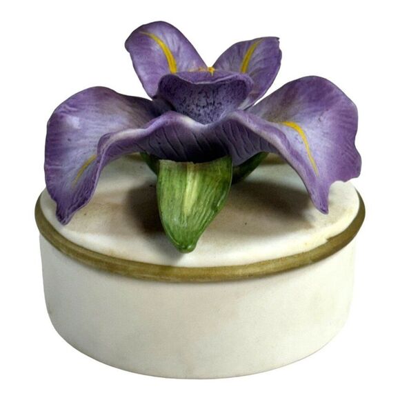Lefton China Hand Painted Purple Iris 1992 VTG Flower Trinket Box Jewelry READ - Picture 1 of 6